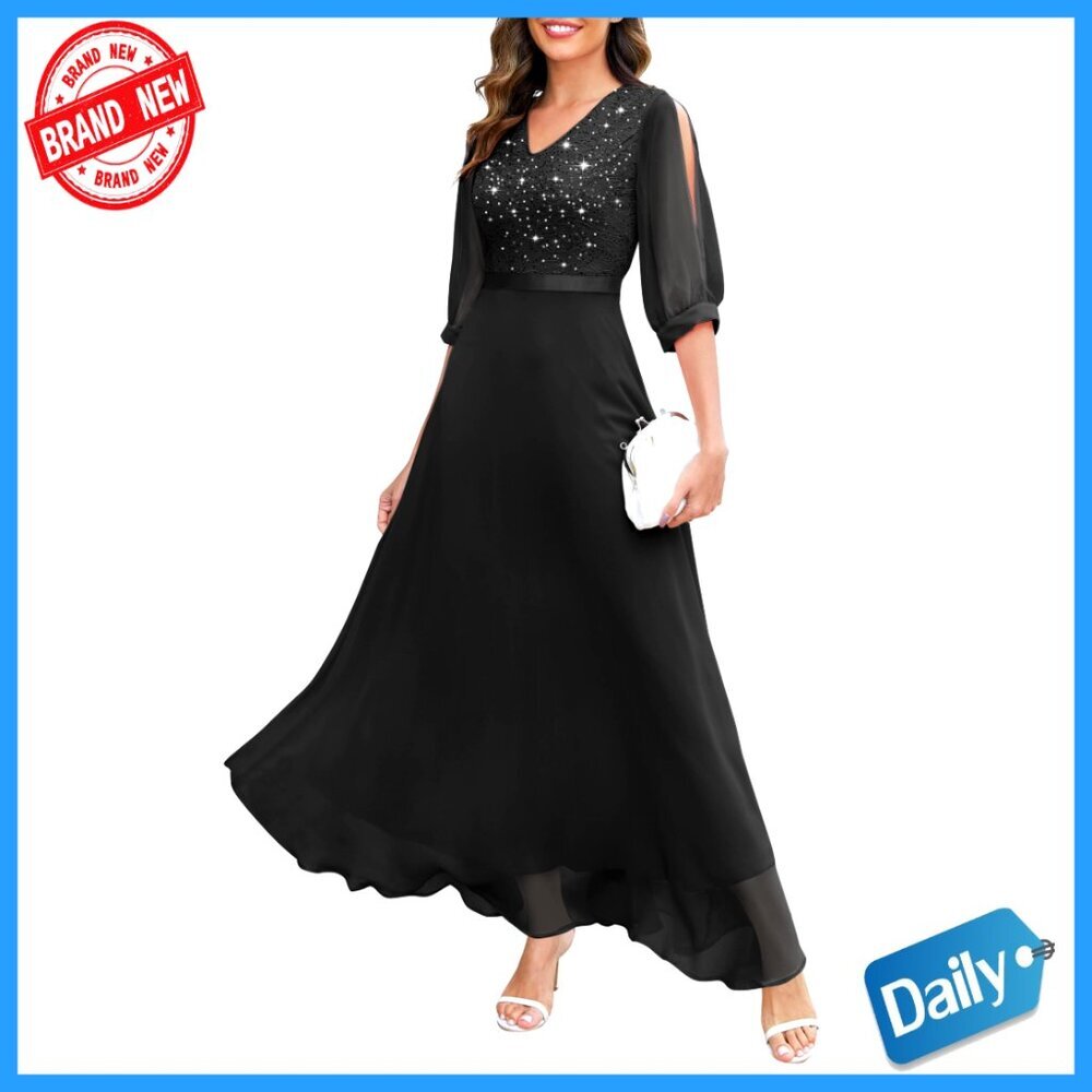 Sequin Maxi Dress Elegant Formal Evening Gown Split Sleeves Sparkly Glitter